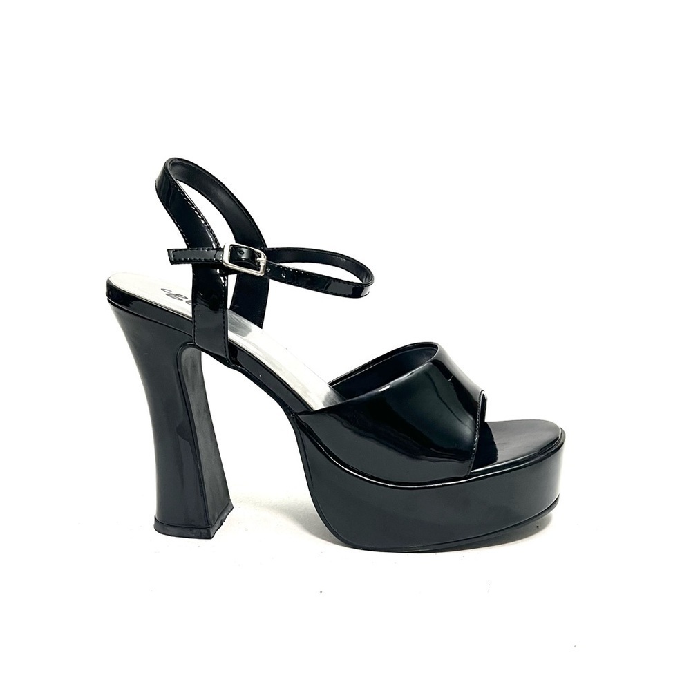 Vintage 1990s deadstock black vegan patent leather platform stripper heels